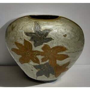 Vintage Brass Enamel Vase Leaf Hand Painted Made In India Heavy